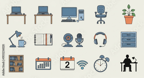 Collection of modern office and work from home icons.