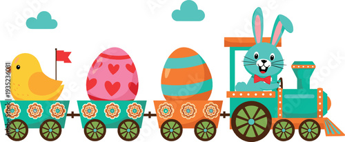 Cute Easter Train with Bunny, Chick and Colorful Eggs Cartoon Vector Illustration for Spring Holiday Design