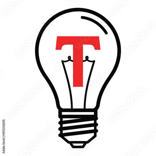 Light bulb with red letter T inside  creative idea concept icon