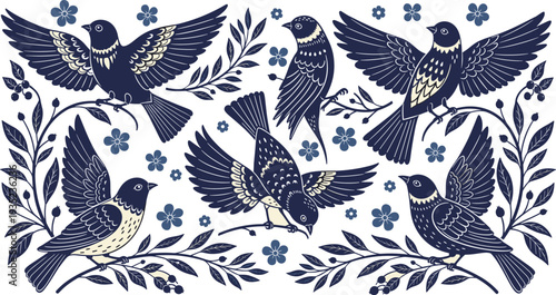 Decorative folk art bird illustration set with floral branches and flowers in a navy blue hand drawn vector style.