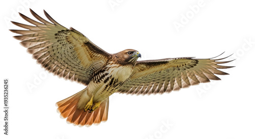 Isolated Red-tailed Hawk soars with outstretched wings in flight, against clean backdrop