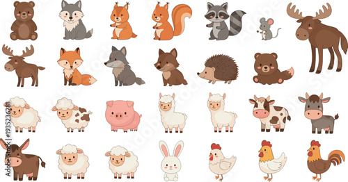 Cute Farm and Forest Animals Collection with Bear Fox Wolf Moose Sheep Pig Cow Chicken and Cartoon Vector Illustration Set