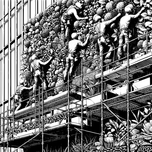 Vertical urban garden on modern building with tropical plants and construction scaffolding