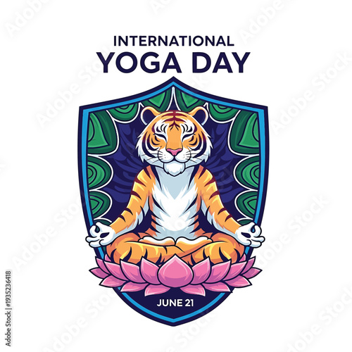Tiger meditating on lotus with shield and foliage for International Yoga Day