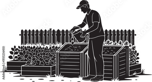 Man gardening in backyard with raised wooden planters and fence