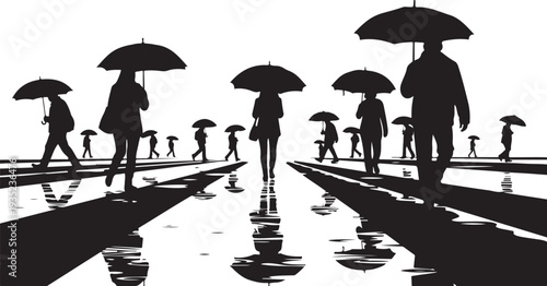 Silhouettes of people walking with umbrellas on rainy day
