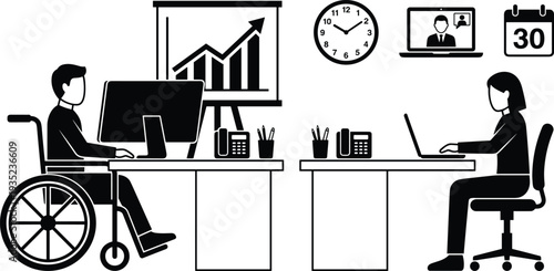 Inclusive workplace concept with disabled employee in wheelchair working with colleague, remote meeting and business growth chart