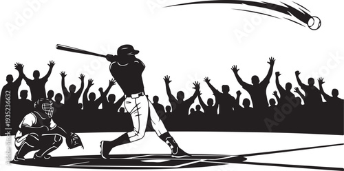 Baseball Player Swinging Bat with Cheering Crowd Silhouette Background