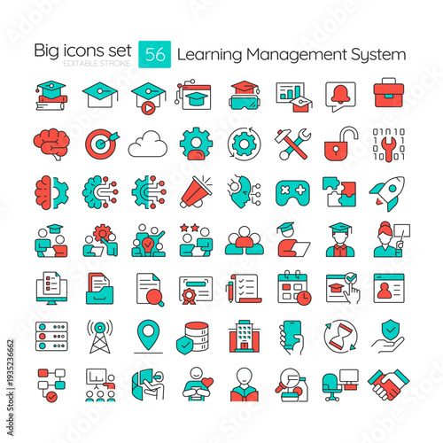 Learning management system line color icons set. Teamwork organization, modern technologies. Personal growth. Vector illustrations. Simple flat colorful symbols collection. Editable stroke