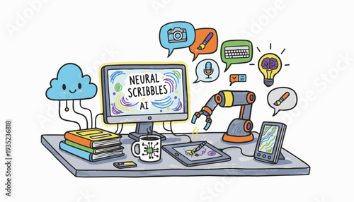 Creative AI content creator workspace featuring digital tools and robotic automation for media production during World Creativity and Innovation Day