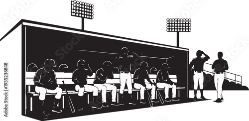 Baseball team sitting in dugout during a game pause