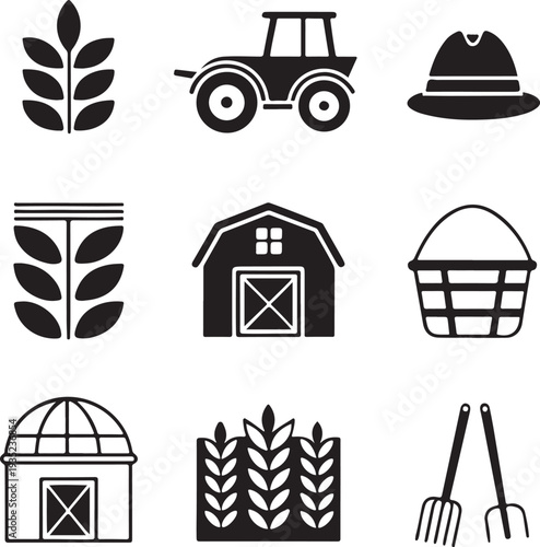Set of farm icons with tractor, barn, basket, hat, and wheat