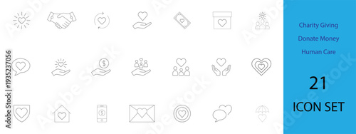 Charity giving donate money human care friendship love help thin line outline icons pack set vector illustration