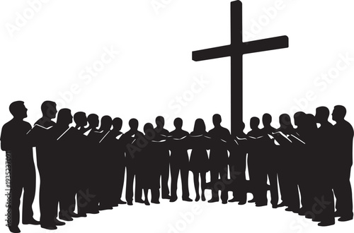 Silhouette of choir singing in front of large cross