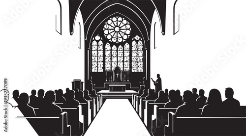 Silhouette of people in a church with stained glass