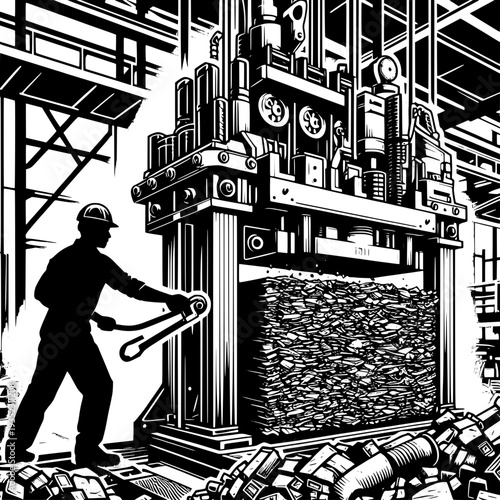 Industrial worker operating vintage machinery in black and white factory setting