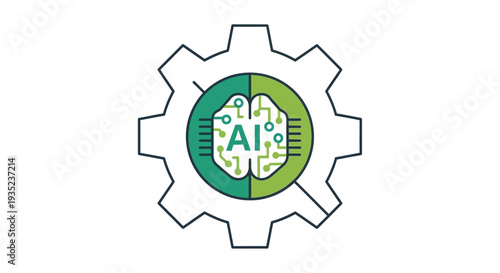 A modern flat design vector icon depicting a gear with an AI chip, symbolizing artificial intelligence tools, automation, and technological processes.