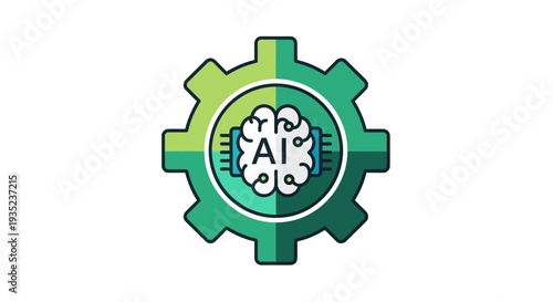 A modern flat design vector icon depicting a gear with an AI chip, symbolizing artificial intelligence tools, automation, and technological processes.