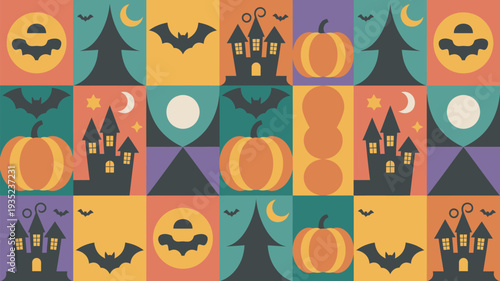 A vibrant Halloween-themed pattern featuring iconic symbols of the spooky season in a colorful grid.