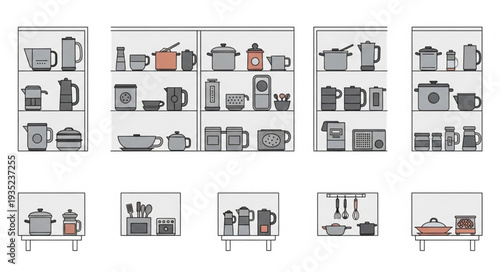 Collection of kitchenware displayed on shelves in a modern store.