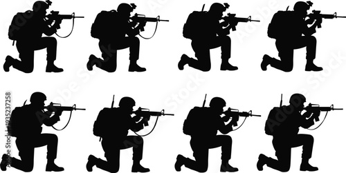 Military Soldier Silhouette Set Featuring Armed Special Forces Infantry Kneeling with Rifles and Tactical Gear Isolated on White Background for War and Defense Design