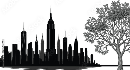Modern city skyline silhouette with urban skyscrapers and leafy tree, nature meeting metropolitan architecture landscape illustration concept