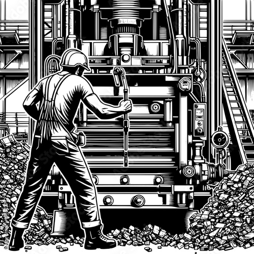 Industrial worker operating vintage machinery in black and white factory setting