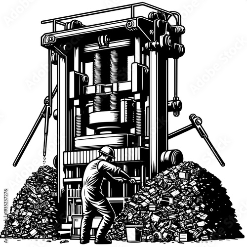 Industrial worker operating vintage machinery in black and white factory setting