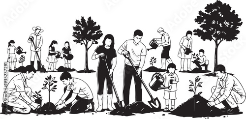 People of all ages planting trees together outdoors happily