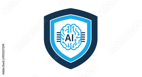 A modern flat design vector icon of a shield with an AI brain, symbolizing artificial intelligence in cybersecurity, data protection, and smart defense systems. 