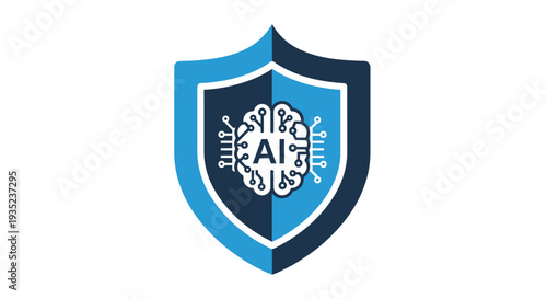 A modern flat design vector icon of a shield with an AI brain, symbolizing artificial intelligence in cybersecurity, data protection, and smart defense systems. 