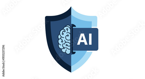 A modern flat design vector icon of a shield with an AI brain, symbolizing artificial intelligence in cybersecurity, data protection, and smart defense systems. 