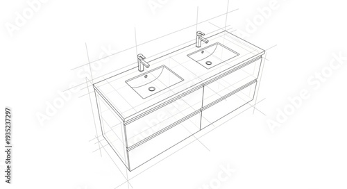 Modern double sink vanity design sketch with faucets and drawers.
