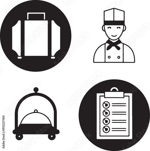 Hotel service icons set including luggage bellhop food trolley and checklist for travel use