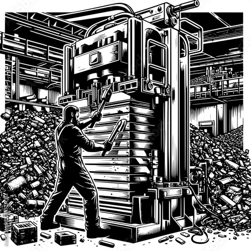 Industrial worker operating vintage machinery in black and white factory setting