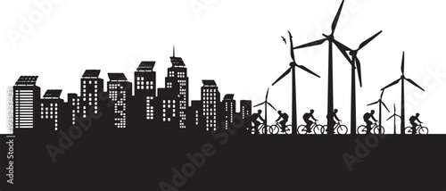 City skyline with wind turbines and bicycles silhouetted landscape