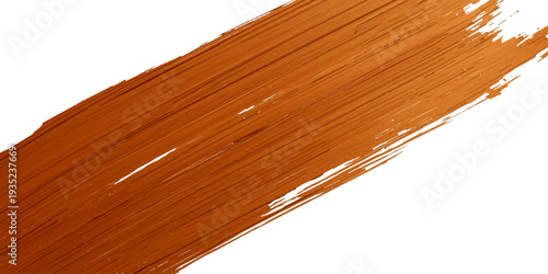Brown paint brush strokes and a hardwood brush isolated on a dark oak wood plank background with a natural grain texture