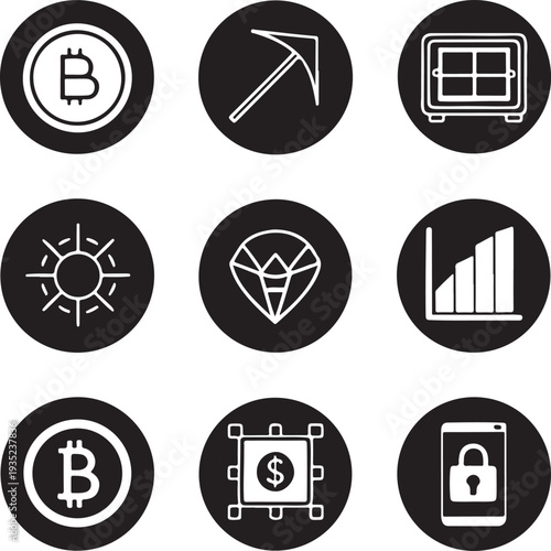 Bitcoin mining pickaxe safe sun diamond graph coin dollar mobile phone icons