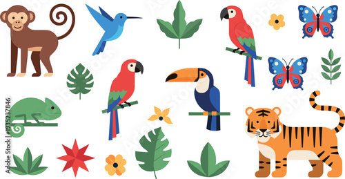 Cute Jungle Animals Collection with Monkey Tiger Toucan Parrot Chameleon Butterfly and Tropical Leaves Cartoon Vector Illustration Set