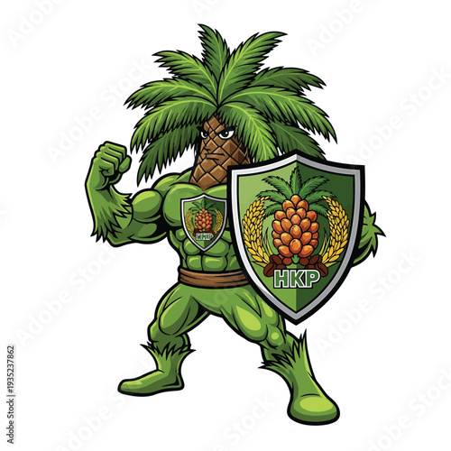 Aggressive palm tree superhero with shield and emblem