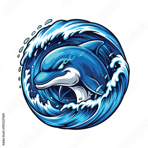 Blue Dolphin in a Circular Ocean Wave