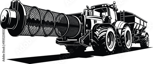 Modern agricultural tractor with grain cart and auger technical sketch vector illustration for farming industry harvest logistics and heavy machinery equipment design projects