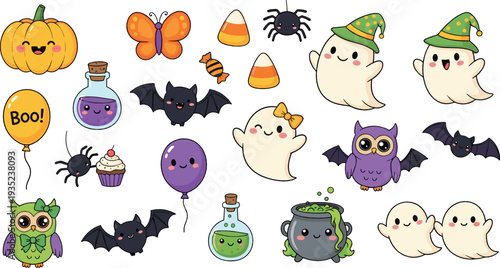 Cute Halloween Kawaii Characters Collection with Ghosts Bats Pumpkin Owl Candy Corn and Spooky Cartoon Vector Illustration Set