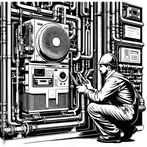 Industrial worker inspecting large machinery in retro steam plant control room