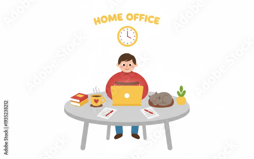 A person working on a laptop at a cluttered home office desk with office supplies and food, viewed from the front.