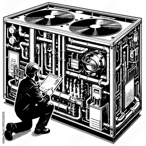 Industrial worker inspecting large machinery in retro steam plant control room