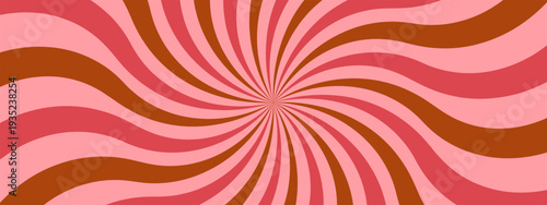 Abstract retro sunburst background with swirling wavy rays in pink, red, and chocolate brown