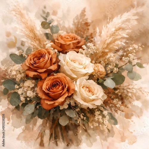 Bohemian Watercolor Wedding Bouquet with Terracotta Roses and Pampas Grass