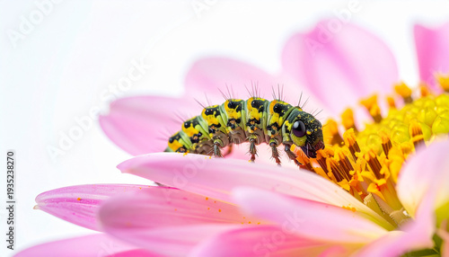 Vibrant green and black caterpillar crawling on pink daisy flower petal in bright close-up macro isolated on high key white background for nature and entomology concepts