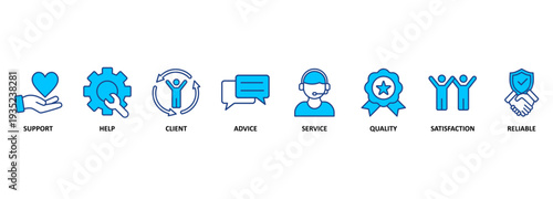 Customer care banner web icon vector illustration concept for customer support and telemarketing service with an icon of help, client, advice, chat, service, reliability, quality, and satisfaction 